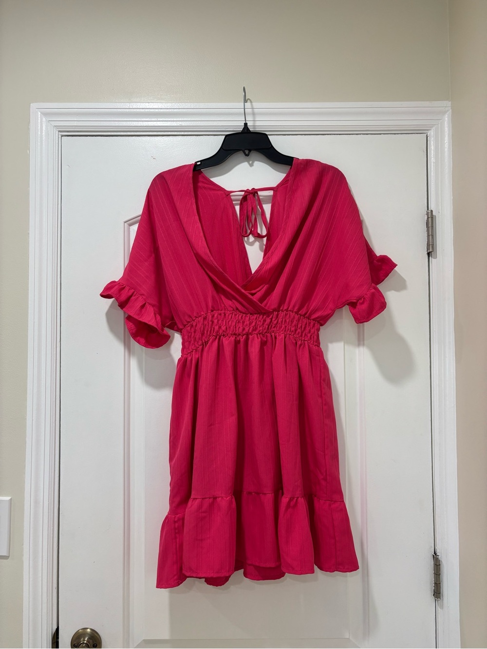 SHEIN Hot Pink Smocked Waist V-Neck Ruffle Sleeve Dress